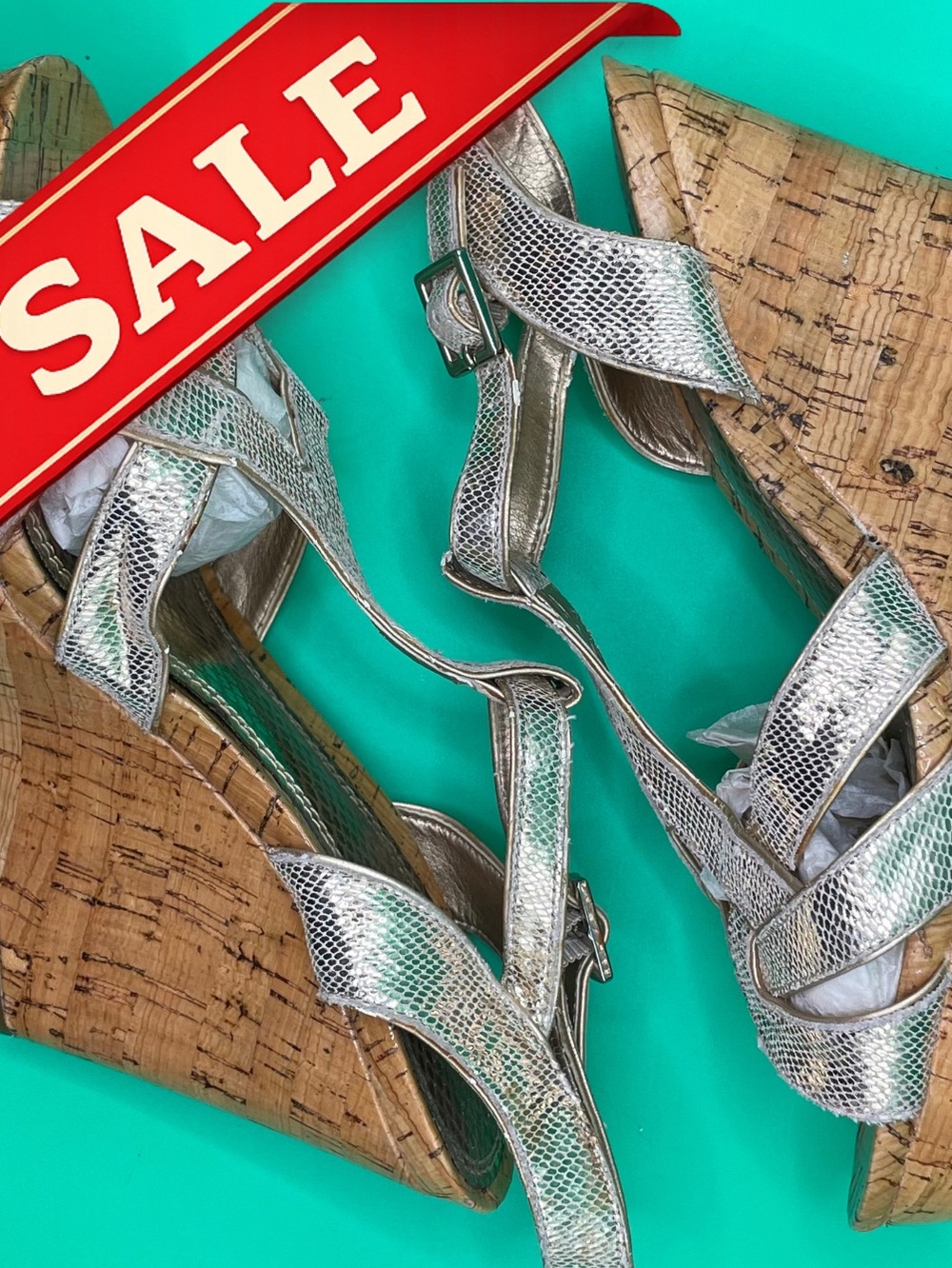 Silver Wedge Sandals Size 6.5
